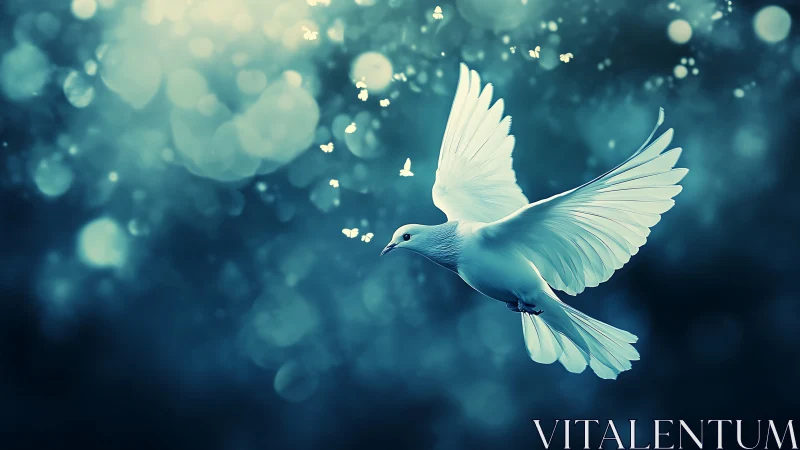 White dove in flight with glowing bokeh background, ethereal style.