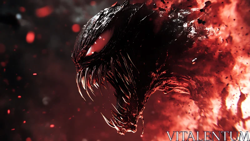 Demonic creature roars in molten red haze with jagged fangs