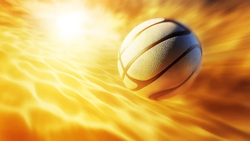 Dynamic basketball sphere over radiant motion-blur ground.
