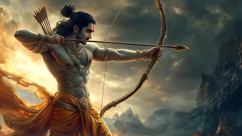 Storm-lit warrior archer draws destiny against molten sky.