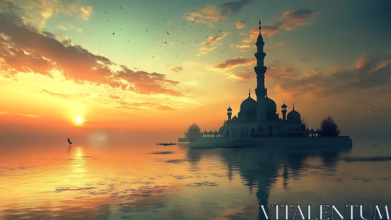 Sunlit coastal mosque silhouette over reflective water at dusk.