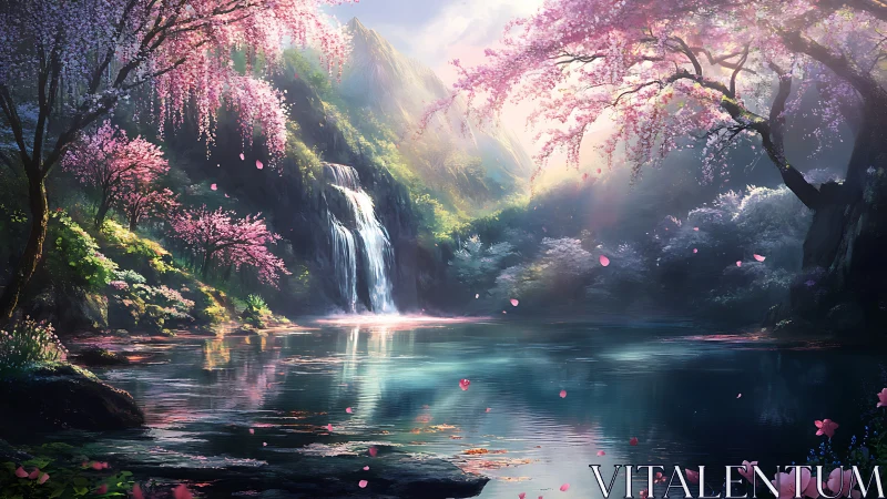 Layered cherry blossom valley with waterfall and refractive pool