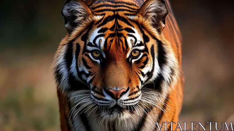 Burnished jungle tiger strides forward in amber hush.