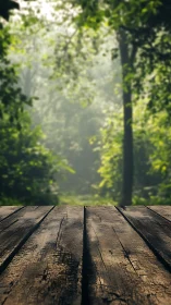 Weathered wooden deck overlooks misty forest path.