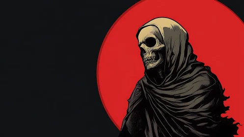 Cloaked skeletal figure before solid red circular backdrop.