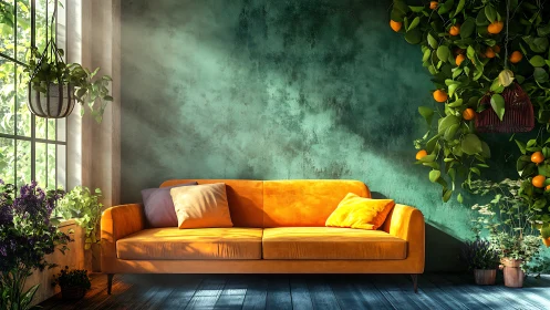 Orange sofa in sunlit room with plants and teal wall.