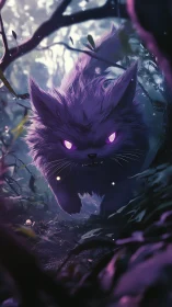 Purple glowing-eyed cat creature stalking in dark forest.
