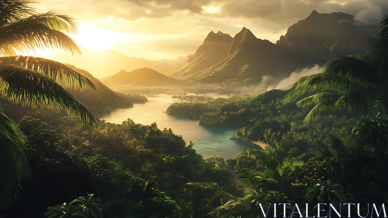 Radiant tropical valley at sunrise with misted peaks aglow.