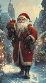 Snow-laden village street shows warmly lit Santa in detailed red coat