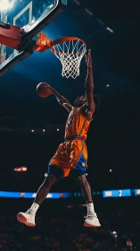 High-impact courtside capture of airborne basketball dunk