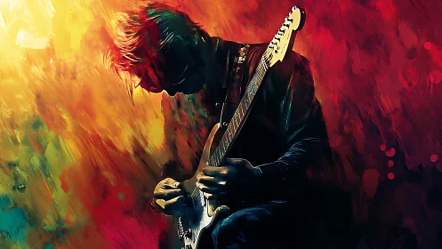 Silhouetted electric guitarist is rendered against diffuse colors