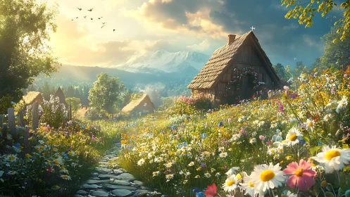 Sunlit alpine cottage in wildflower meadow with mountains.