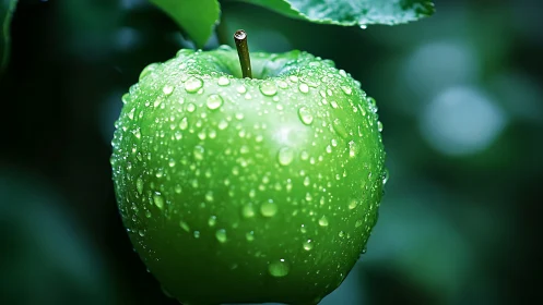 Macro study of dew-covered green apple in soft natural bokeh