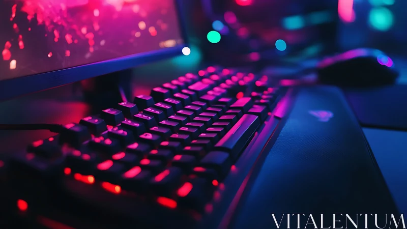 RGB gaming keyboard glows beneath widescreen monitor