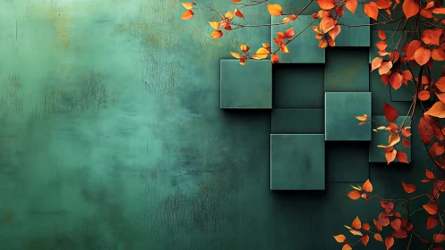 Teal geometric wall contrasts with vivid autumn foliage