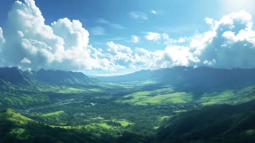 Expansive green valley with distant mountains under clouded sky.