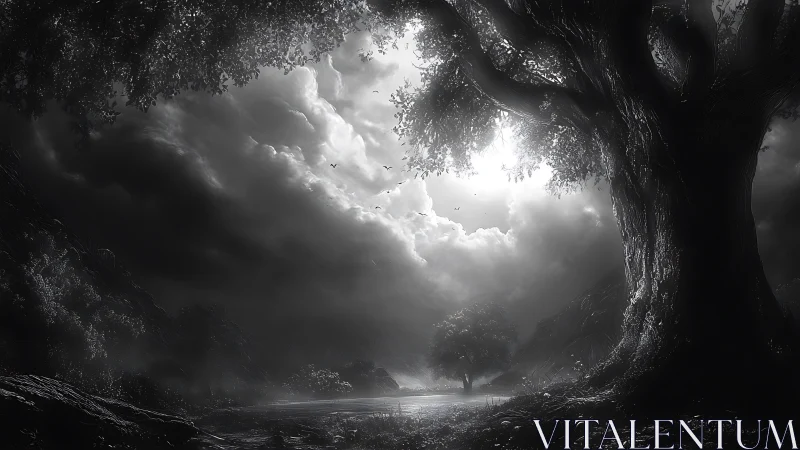 Monochrome stormlit valley with silhouetted ancient trees at dusk