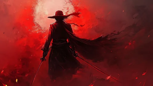 Red-cloaked swordsman silhouettes against abstract crimson vortex