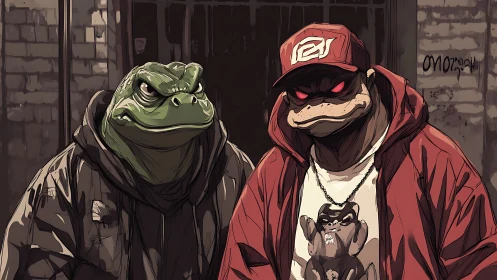 Anthropomorphic street reptiles framed in urban noir lighting