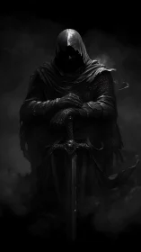 Hooded armored figure with greatsword in dense shadowed mist.