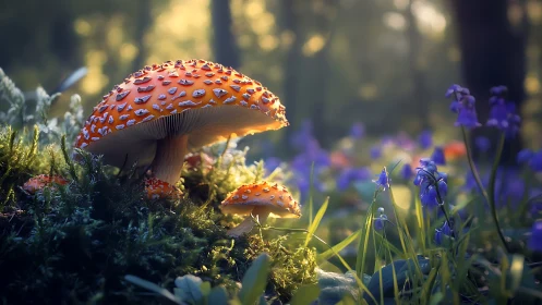 Fly agaric mushrooms amid moss and soft forest light.