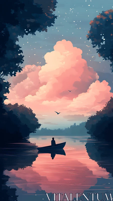 Solitary boat beneath glowing pink twilight clouds.