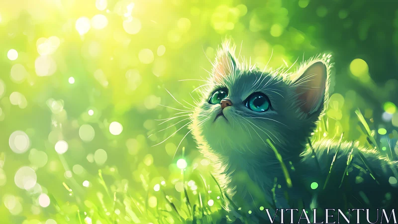 Cat in grass rendered with luminescent bokeh effects.