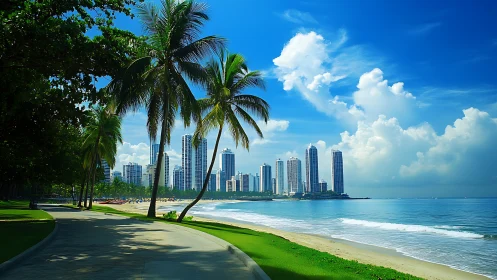 Coastal Urban Landscape with High-Rise Skyline and Beach