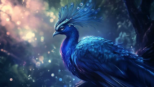 Majestic blue peacock in dreamy fantasy forest, digital art style.