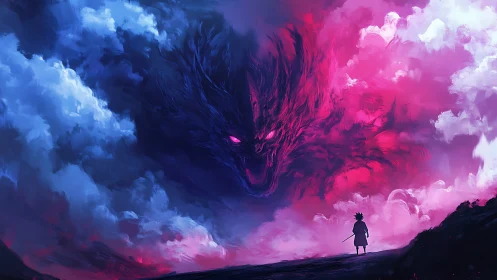 Lone swordsman faces colossal demon in split sky storm.
