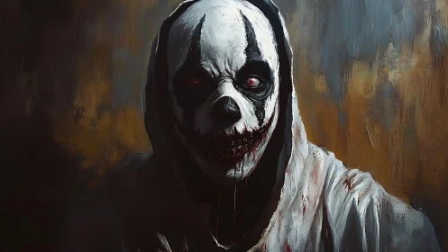 Bleeding clown specter emerging from smeared shadows.