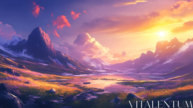 Sunlit mountain valley landscape shows reflective lake basin