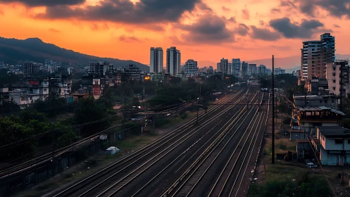 Multiple railway tracks run toward a dense urban skyline