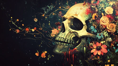 Human skull lies amid dense, chromatic floral growth