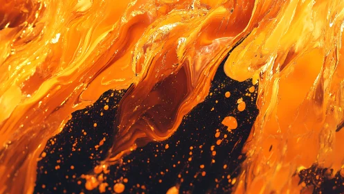 Vivid Abstract Orange and Black Fluid Art Painting with Swirling Patterns.