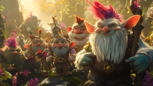 Fantasy troll group in sunlit forest with bright details.