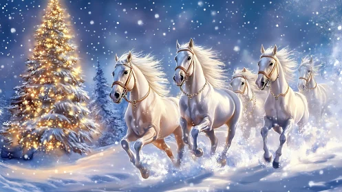 White horses moving through winter snow near lit tree.