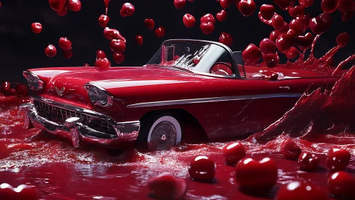 Classic red convertible submerged in glossy cherry liquid