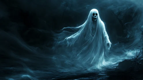 Gentle ghost drifts through a misty midnight forest path.