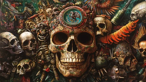 Baroque digital skull totem with dense ritual iconography.