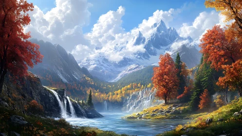 Autumn alpine lake below towering snow peaks at sunrise.