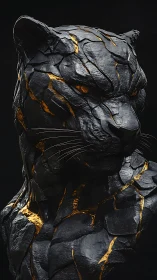 Black stone panther bust with gold fissures on dark ground.