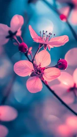 Pink flowers bloom against a striking blue backdrop.