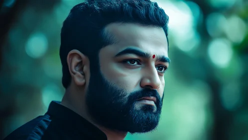 Bearded man with tilak in softly blurred outdoor setting.