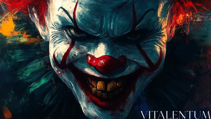 Sinister carnival clown grins through smeared neon darkness.