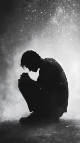 Silhouetted dreamer curled beneath a storm of quiet stars.