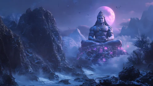Colossal meditating deity glows above frozen mountain pass
