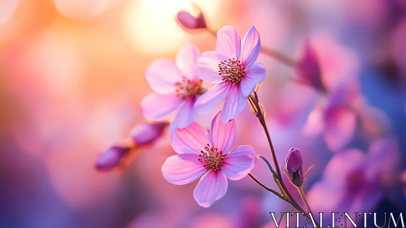 Delicate Pink Cosmos Flowers Bloom in Soft Sunlit Haze.