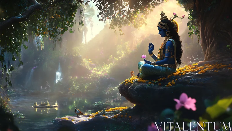 Digital painting of serene blue deity in luminous forest shrine.