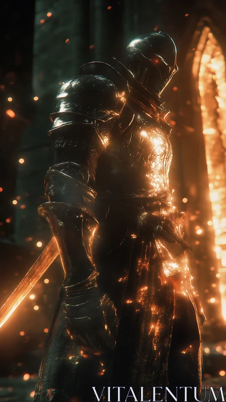 Armored figure stands in backlit embers within a dark hall